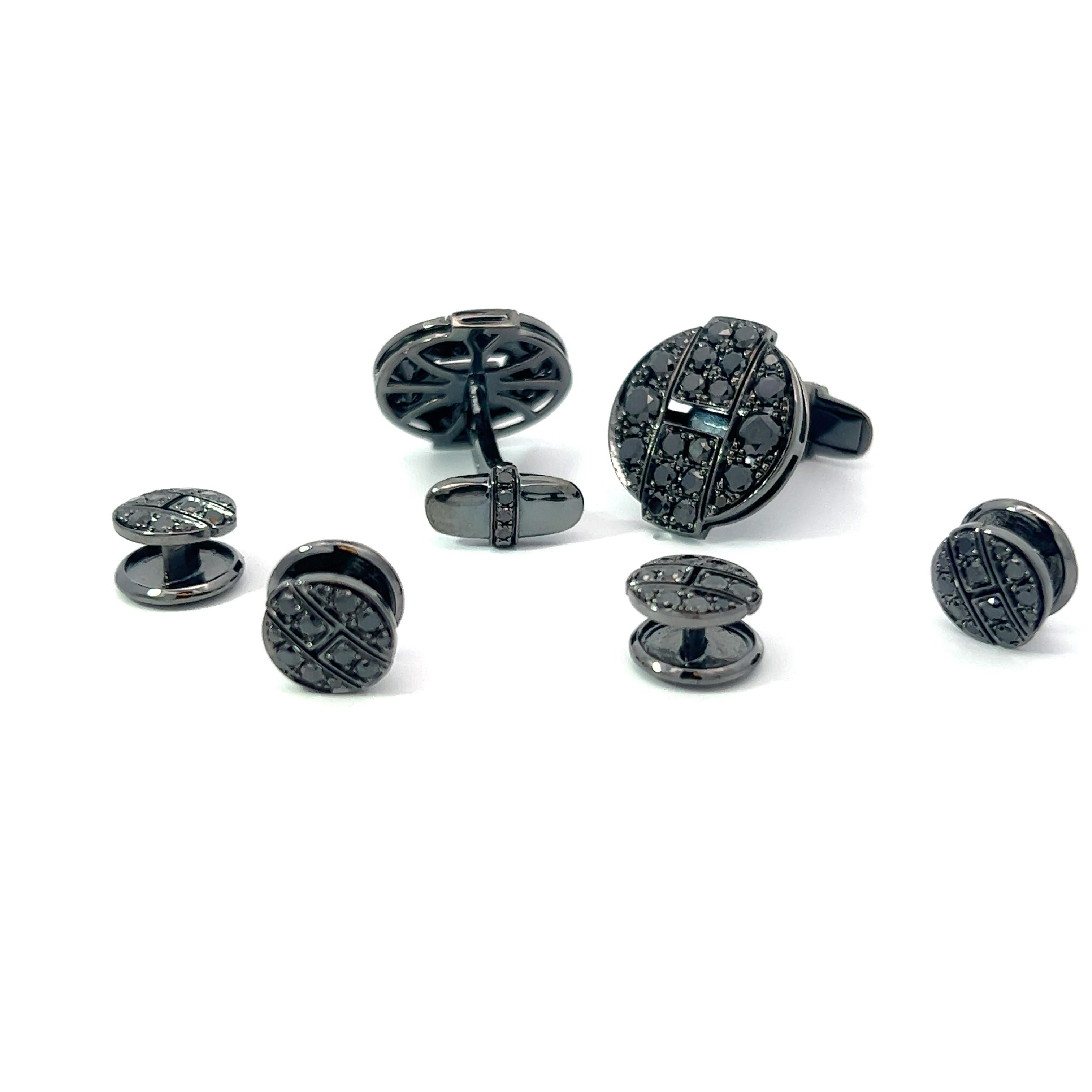 18k White Gold Black Rhodium 3.92ct Black Diamond Cufflinks  In New Condition For Sale In New York, NY