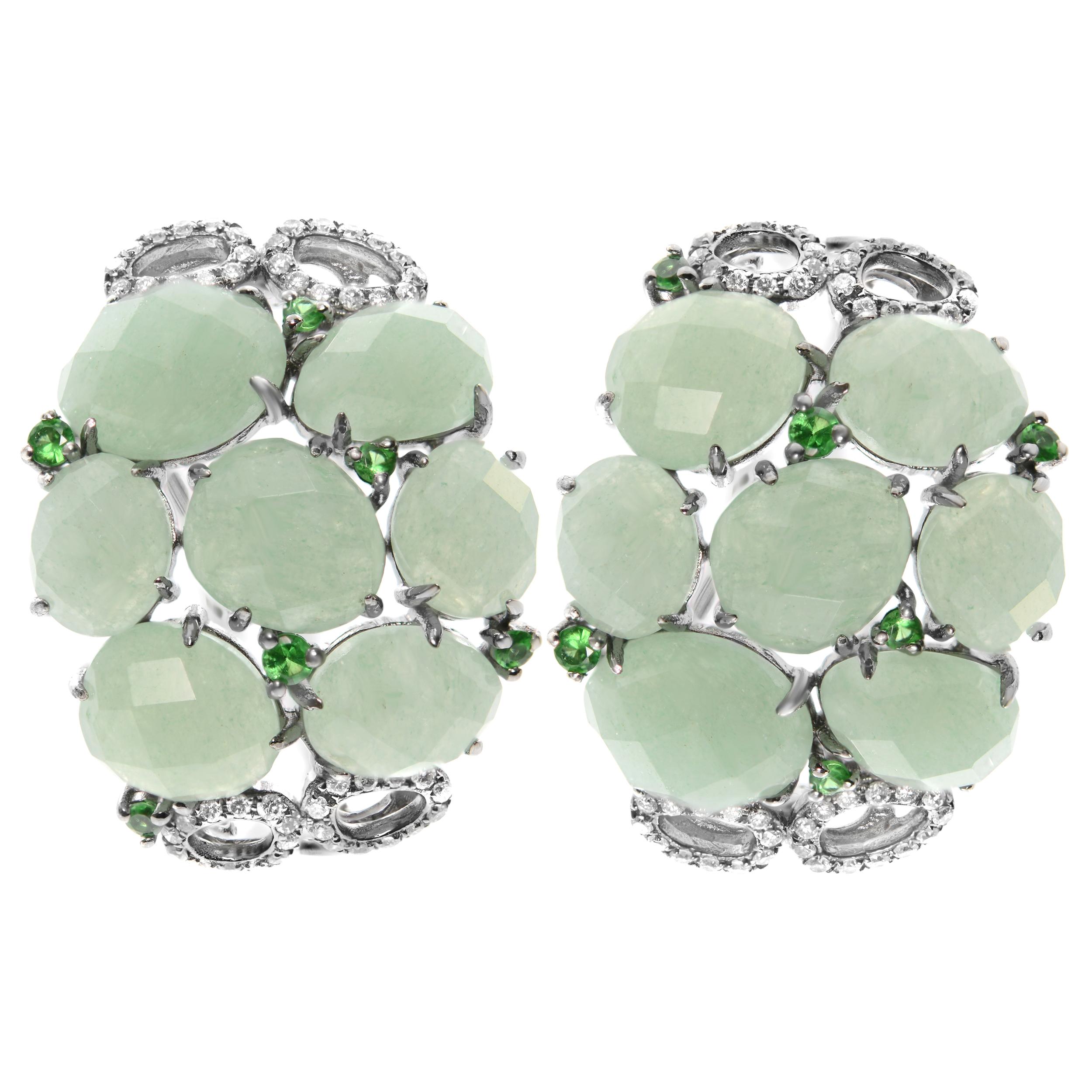 Boucles d'oreilles huggies en or blanc 18 carats, rhodium noir, aventurine et émeraude verte