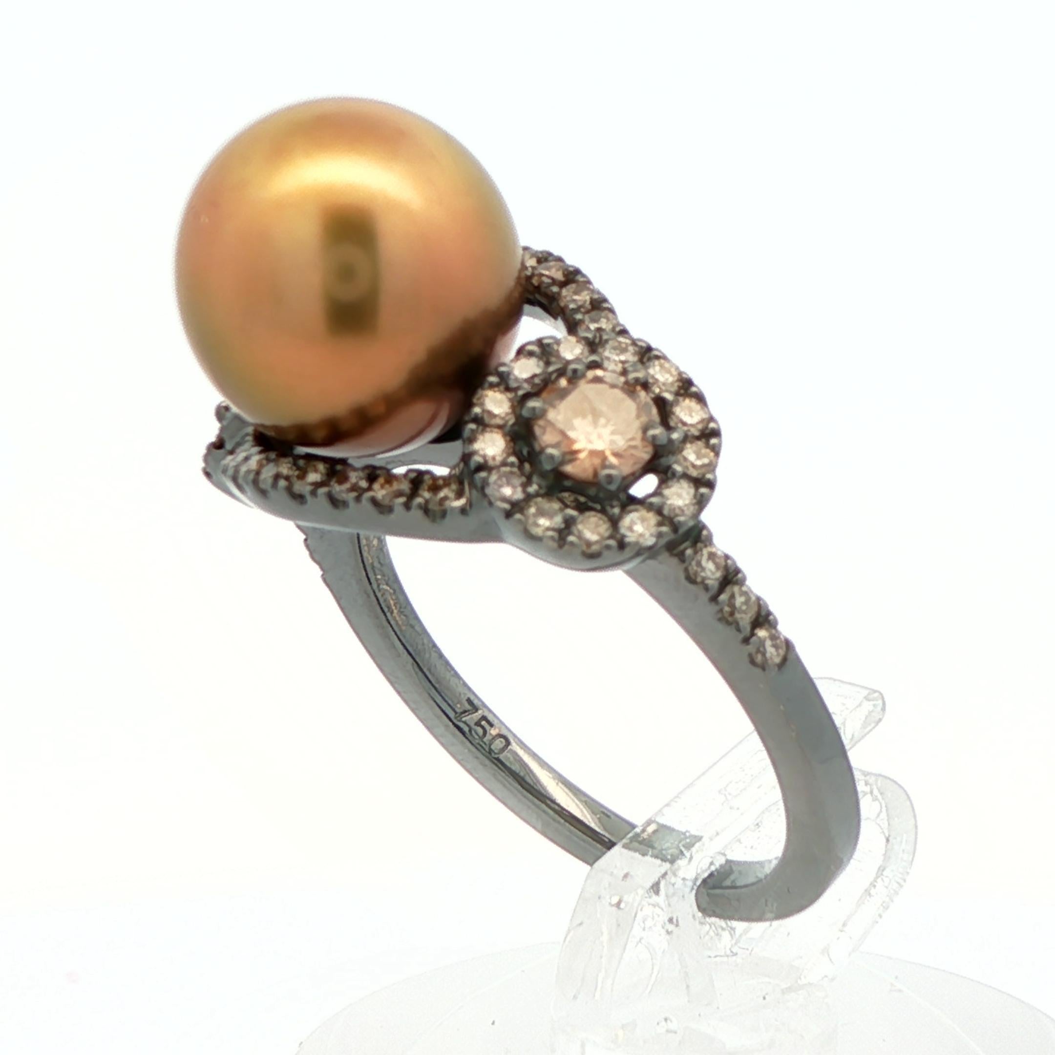 Bague en or blanc 18k rhodié noir avec perles et diamants en chocolat Pour femmes en vente