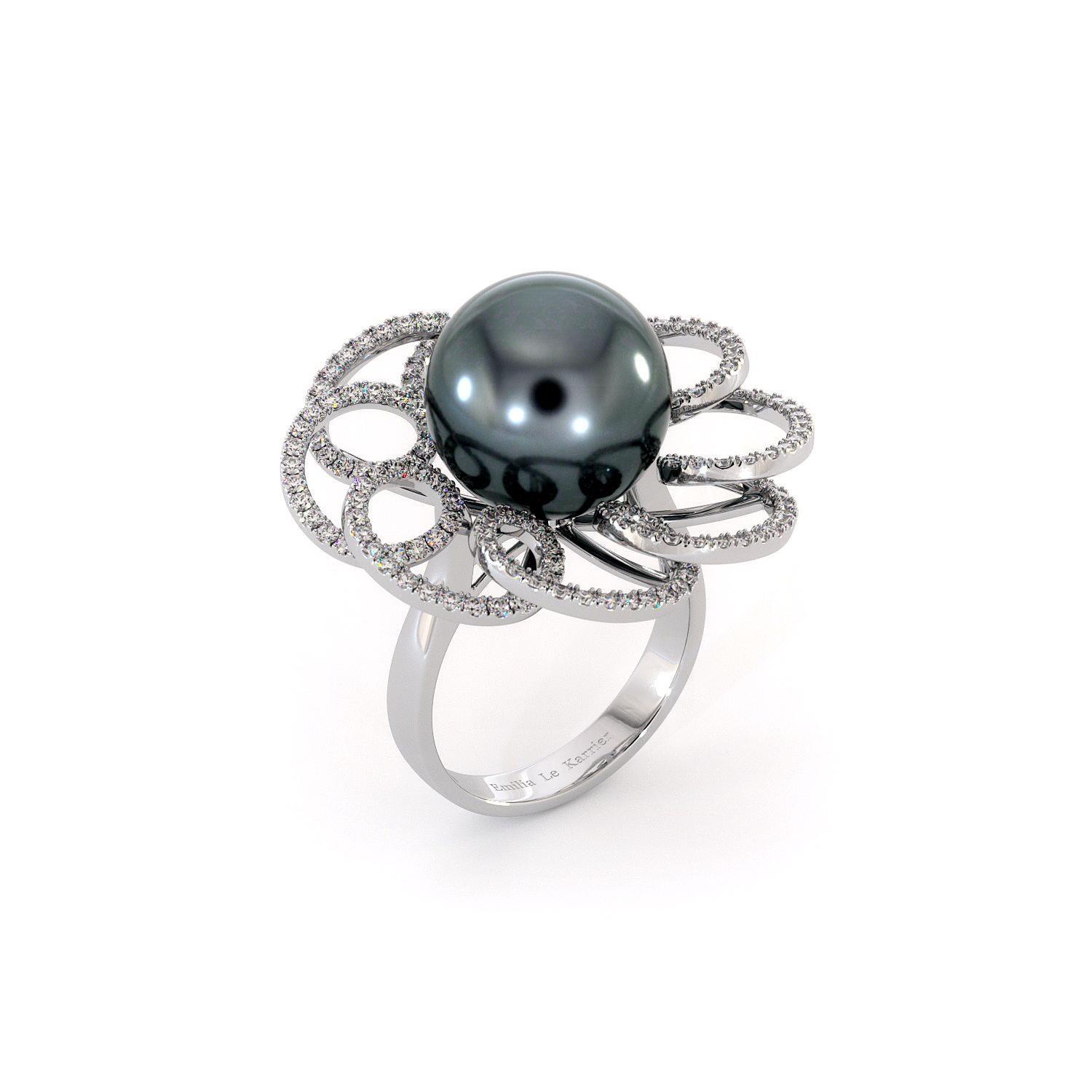 For Sale:  18K White Gold Black Tahitian Pearl Diamonds Ring 5