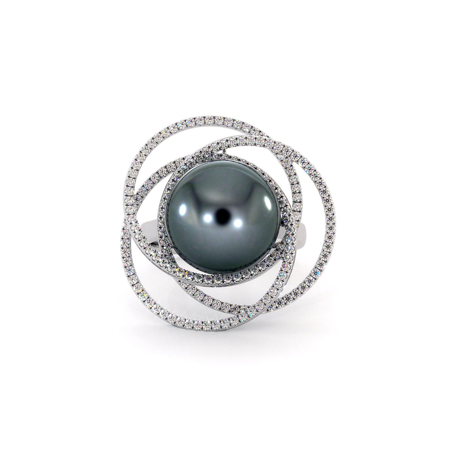 For Sale:  18K White Gold Black Tahitian Pearl Diamonds Ring 2