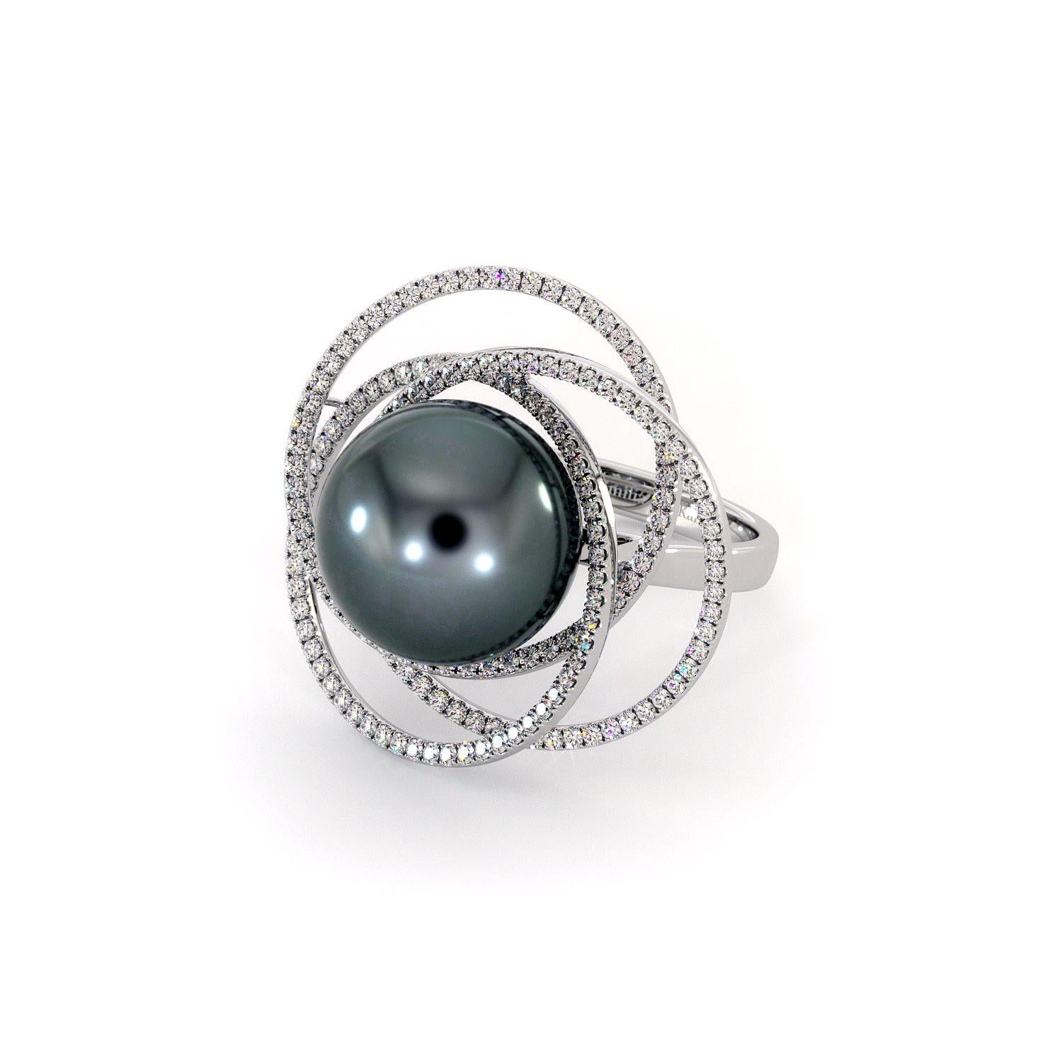 For Sale:  18K White Gold Black Tahitian Pearl Diamonds Ring 3