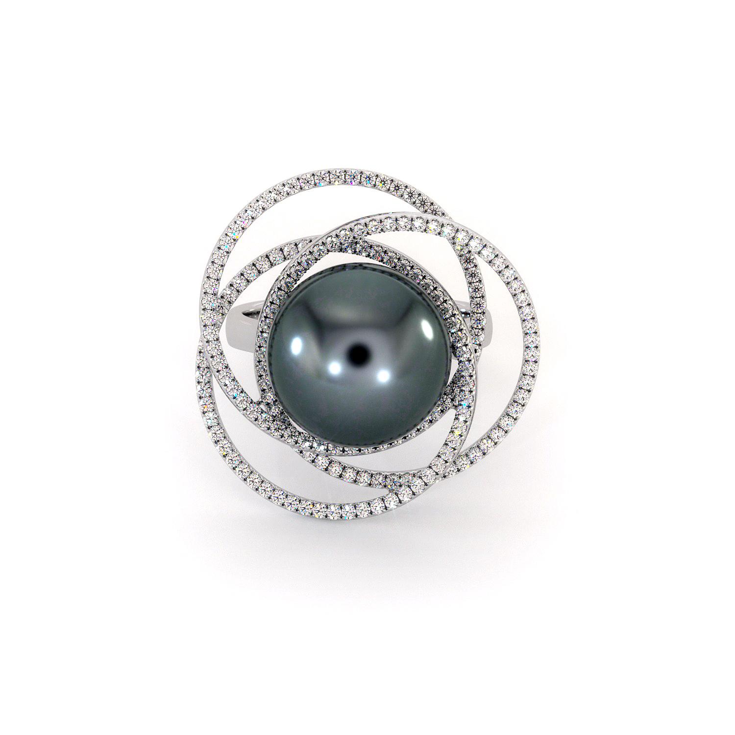 For Sale:  18K White Gold Black Tahitian Pearl Diamonds Ring 6