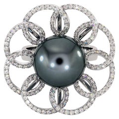 18K White Gold Black Tahitian Pearl Diamonds Ring