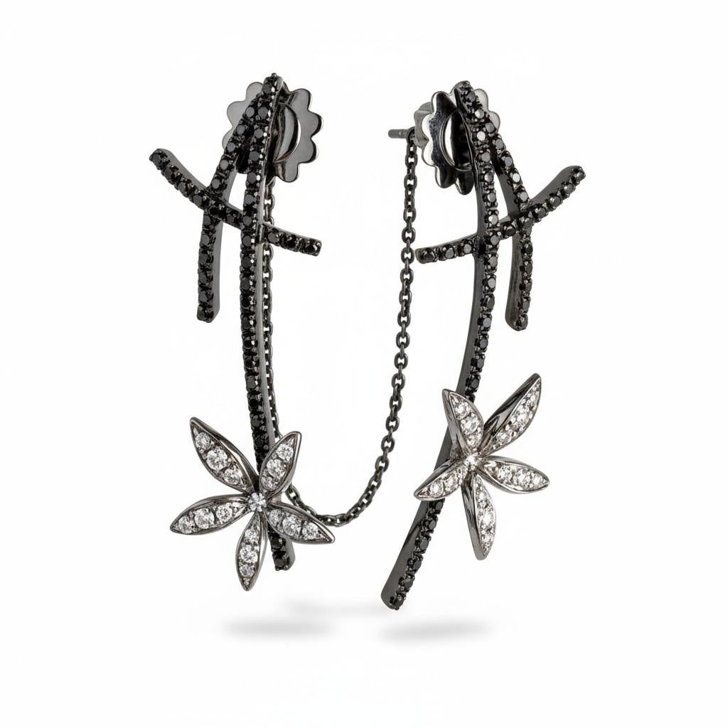 18k Weißgold Schwarz & Weiß Diamant Blumen Vintage Ohrringe von Stefan Hafner im Angebot 11