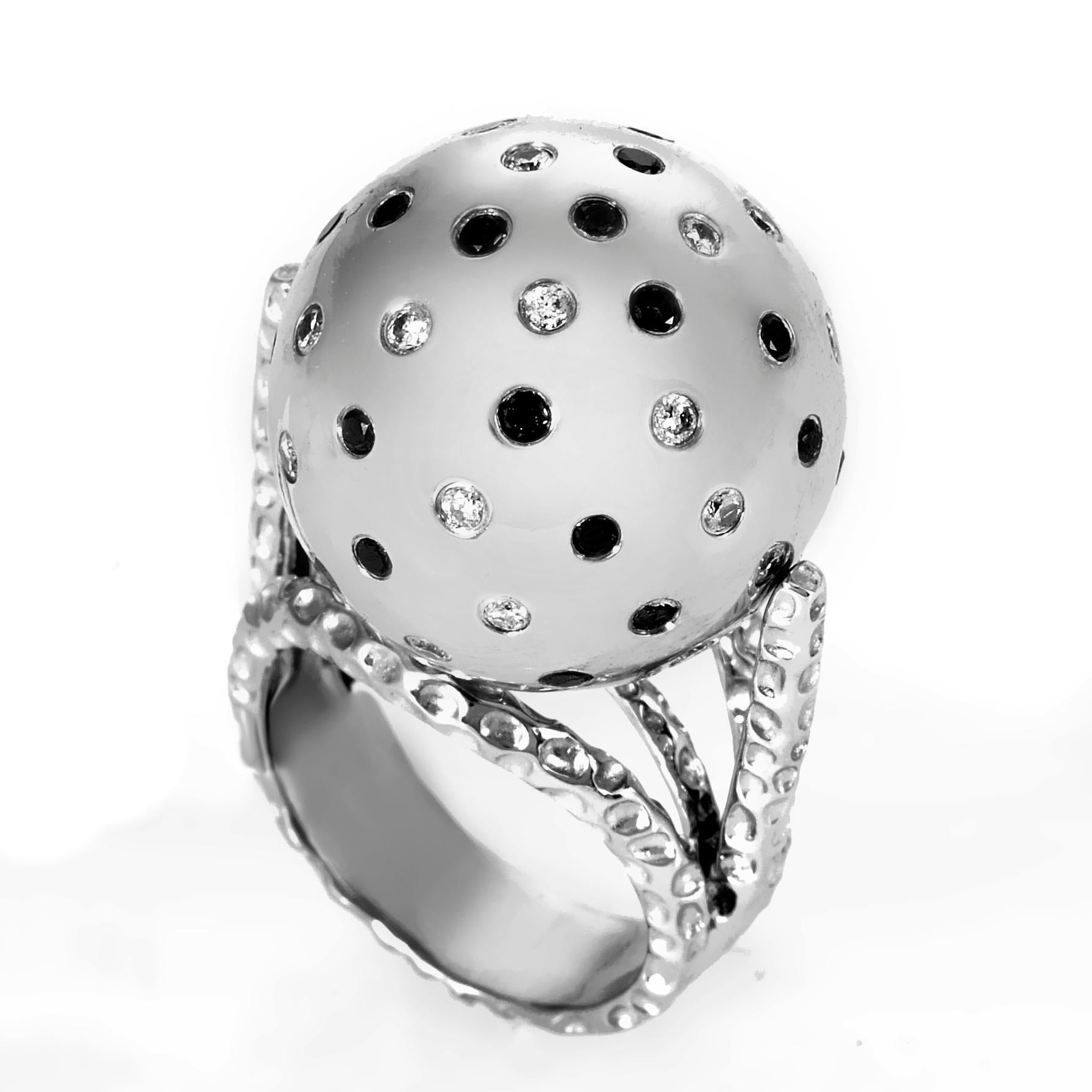 Women's 18 Karat White Gold Black and White Diamond Sphere Ring