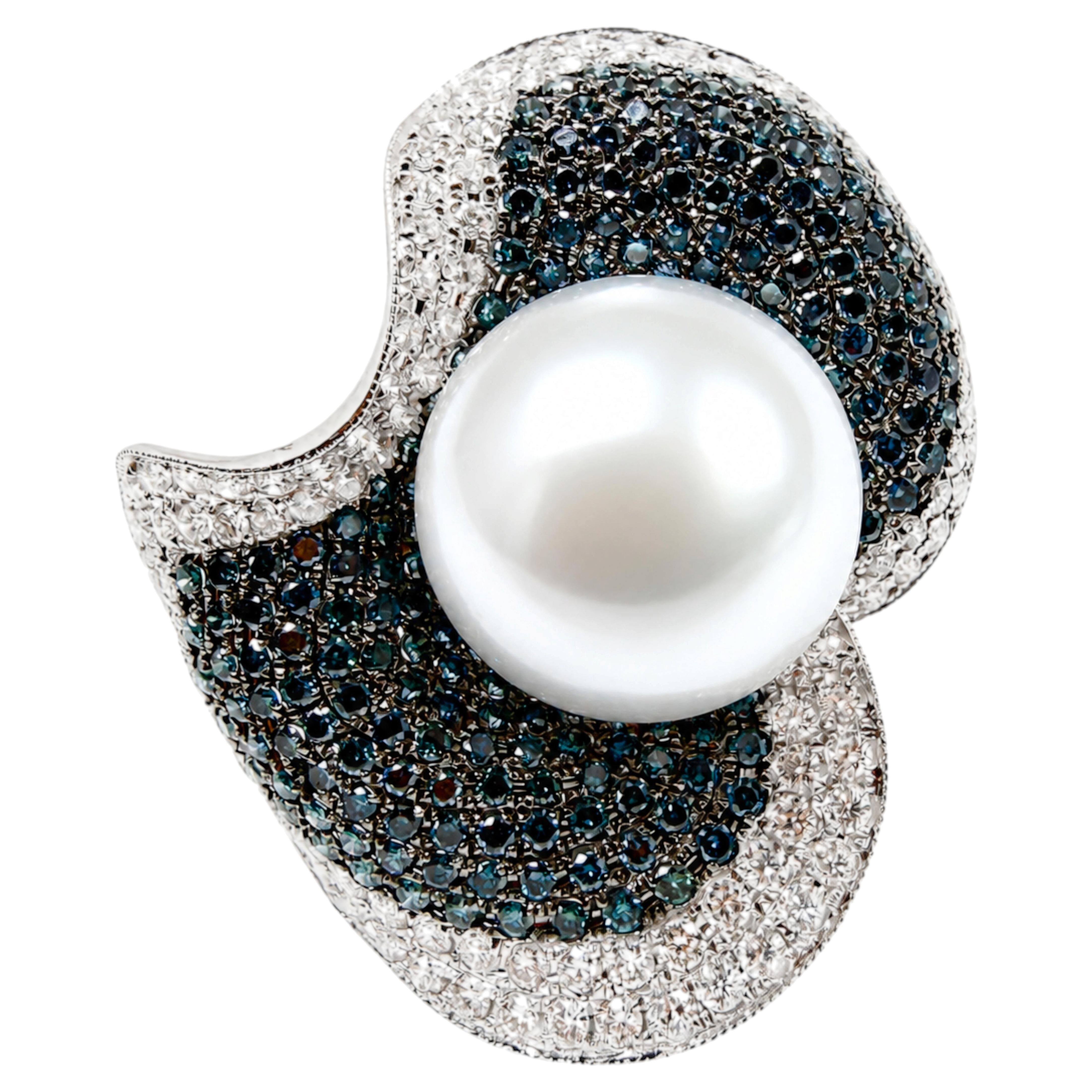 18K White Gold Blue and White Diamond Pearl Cocktail Ring For Sale