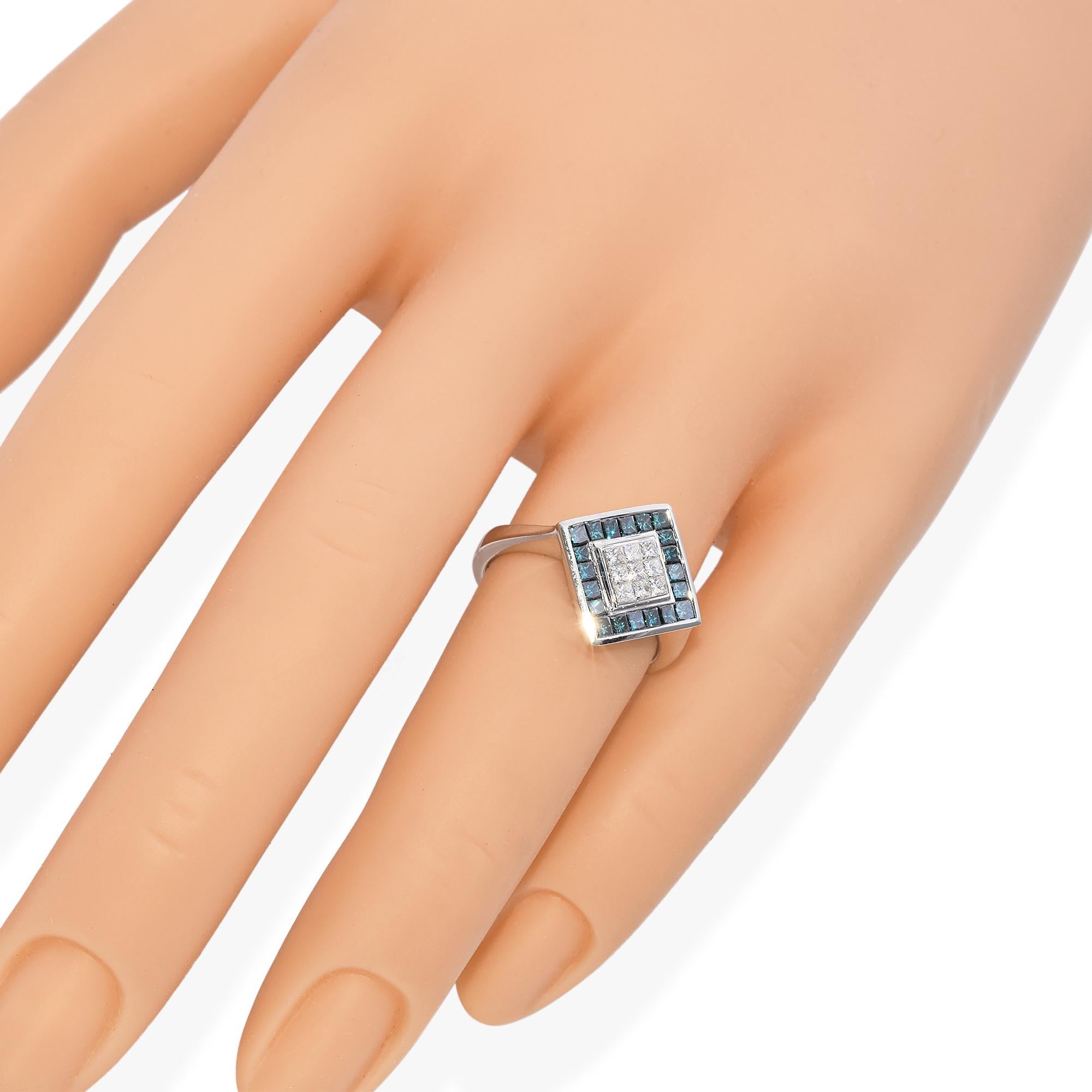 Modern 18K White Gold Blue and White Invisible Set 1.01 TCW Diamond Geometric Ring For Sale