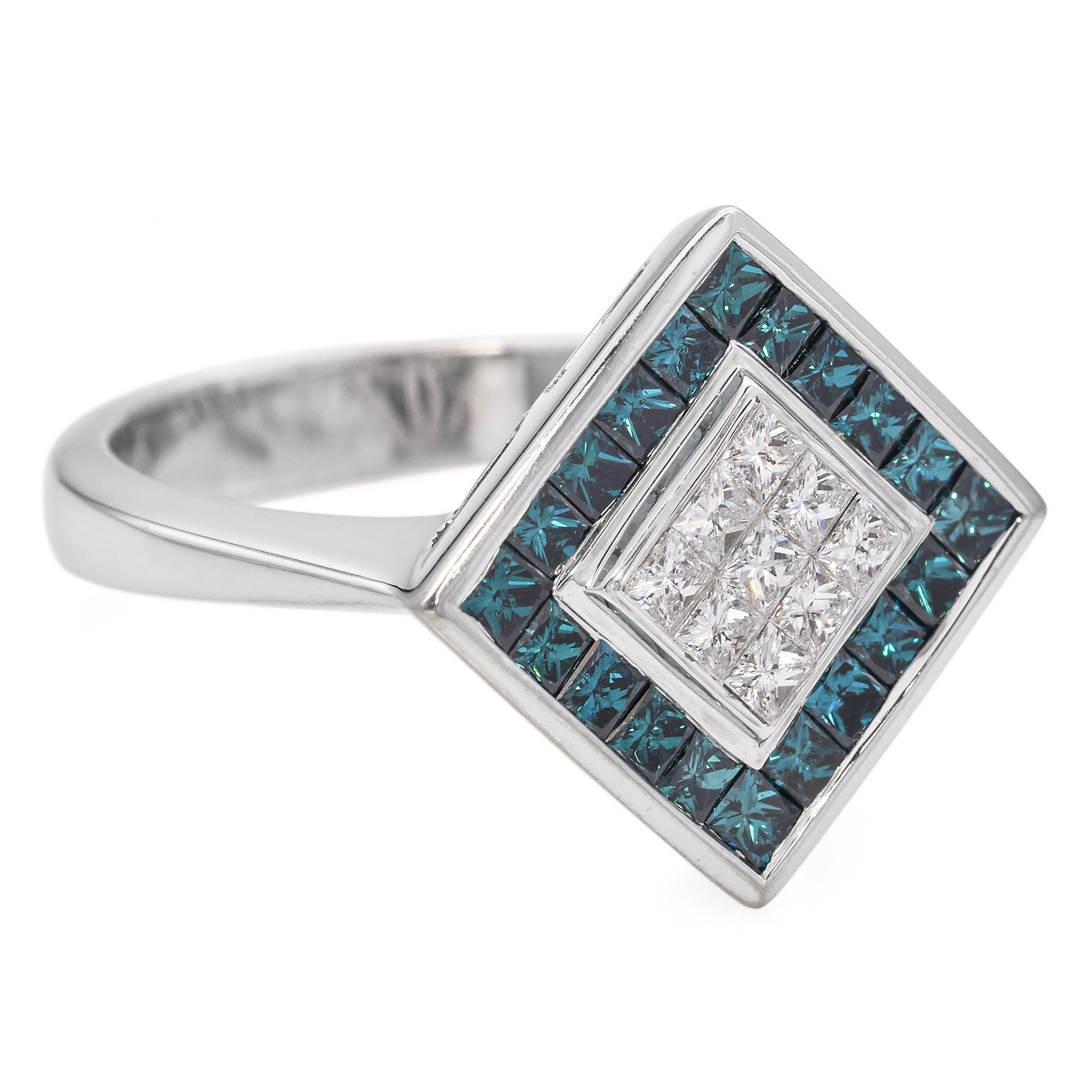 Princess Cut 18K White Gold Blue and White Invisible Set 1.01 TCW Diamond Geometric Ring For Sale