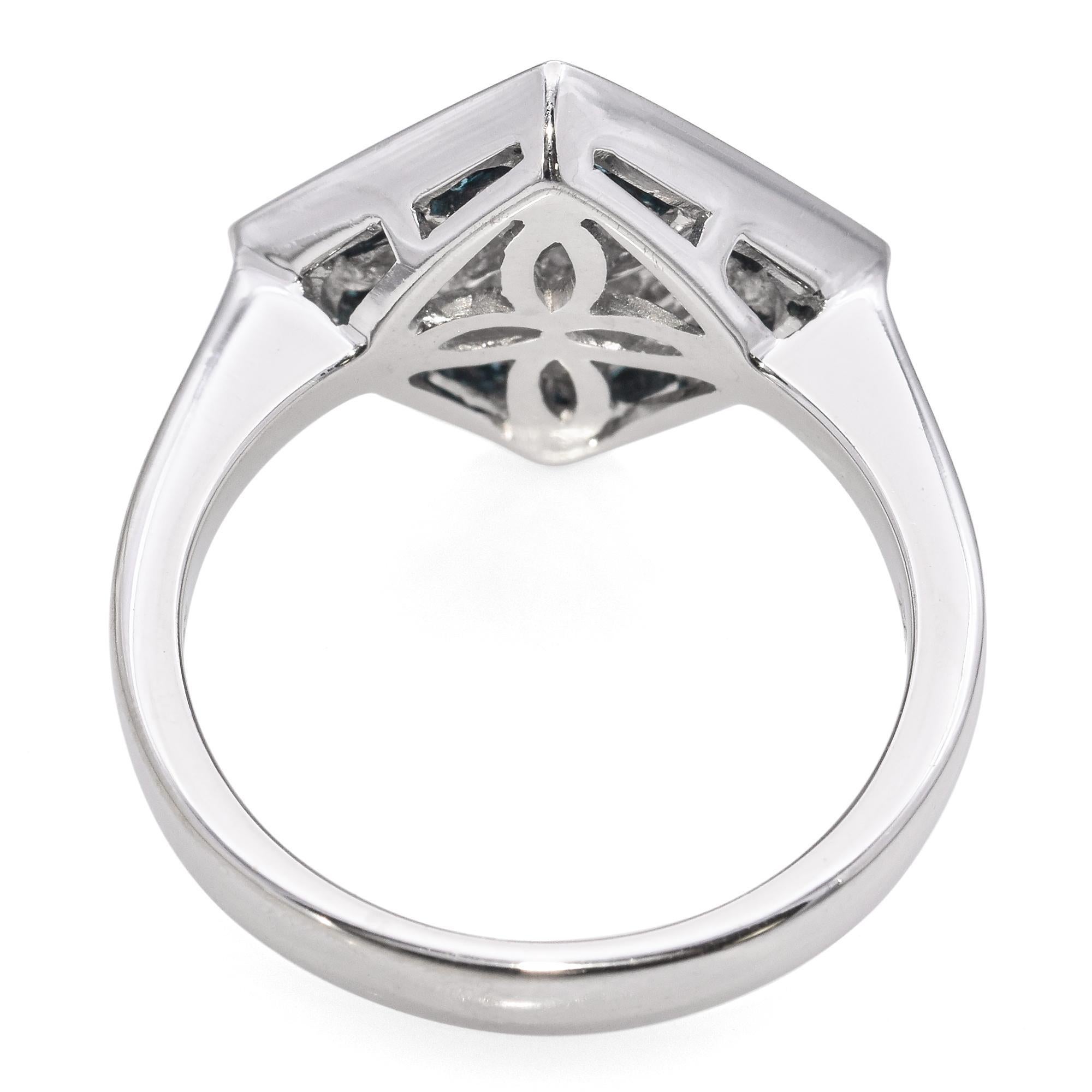 Women's 18K White Gold Blue and White Invisible Set 1.01 TCW Diamond Geometric Ring For Sale