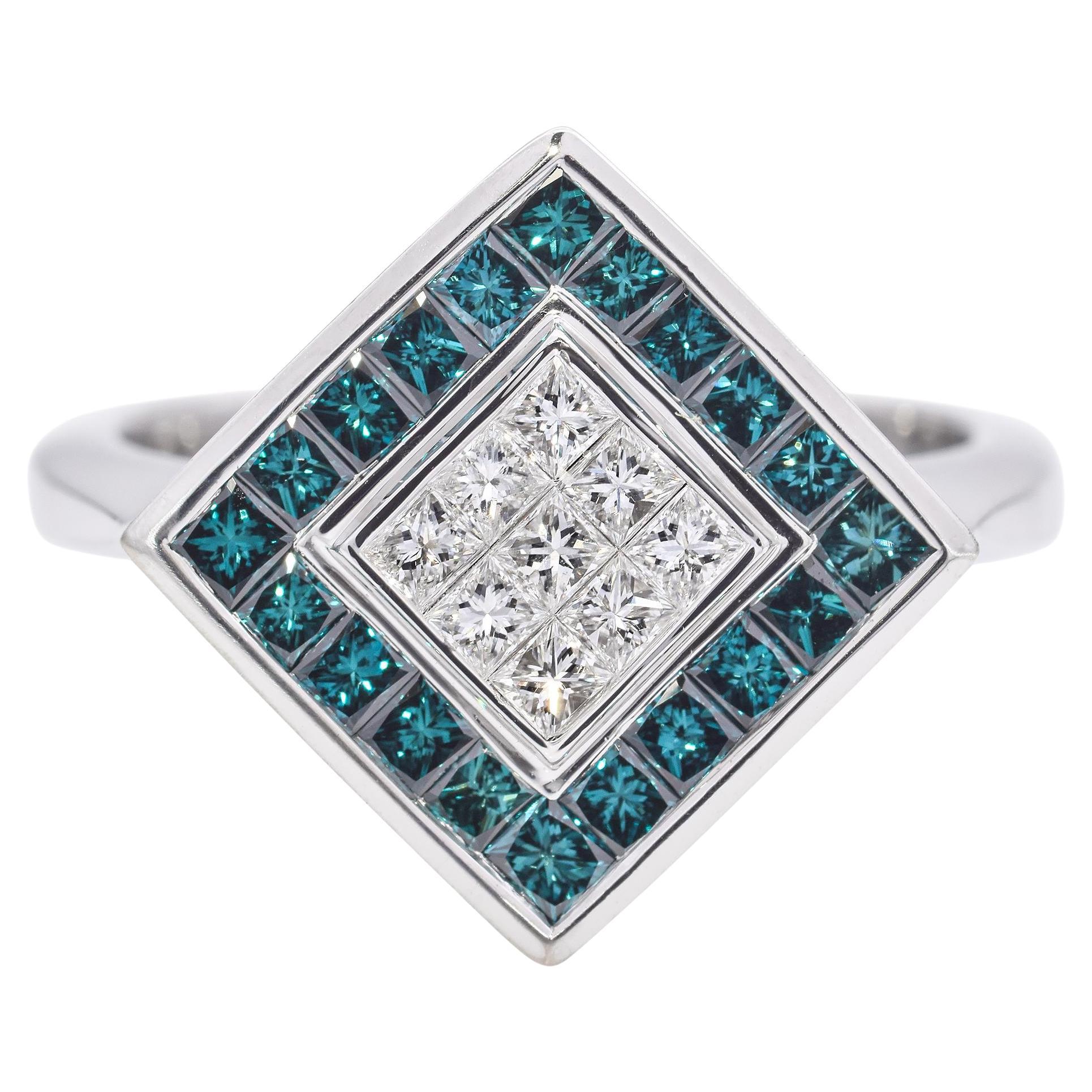 18K White Gold Blue and White Invisible Set 1.01 TCW Diamond Geometric Ring For Sale