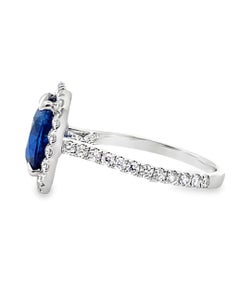 18K White Gold Blue Cushion Cut Ceylon Sapphire & Diamond Ring, Tapering Prongs