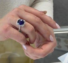 18K White Gold Blue Cushion Cut Ceylon Sapphire & Diamond Ring, Tapering Prongs