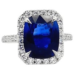 18K White Gold Blue Cushion Cut Ceylon Sapphire & Diamond Ring, Tapering Prongs
