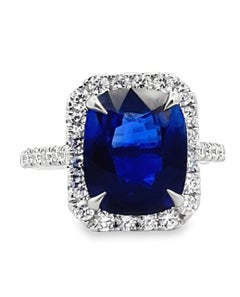 18K White Gold Blue Cushion Cut Ceylon Sapphire 
Diamond Ring, Tapering Prongs