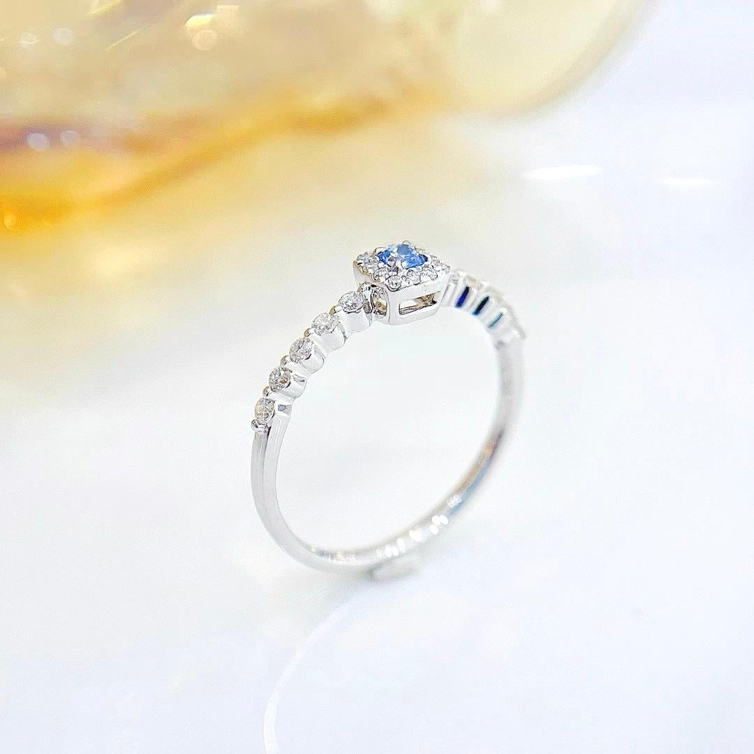 Cushion Cut 18K White Gold Blue Diamond Band Ring with Diamonds For Sale
