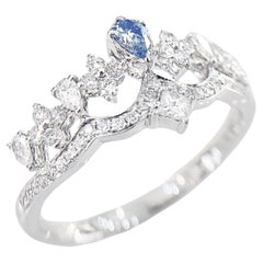 18K White Gold Blue Diamond Crown Ring with Diamonds
