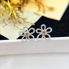 18K White Gold Blue Diamond Cushion-Cut Floral Cluster Earrings