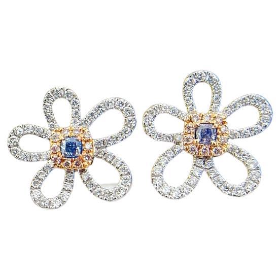 18K White Gold Blue Diamond Cushion-Cut Floral Cluster Earrings