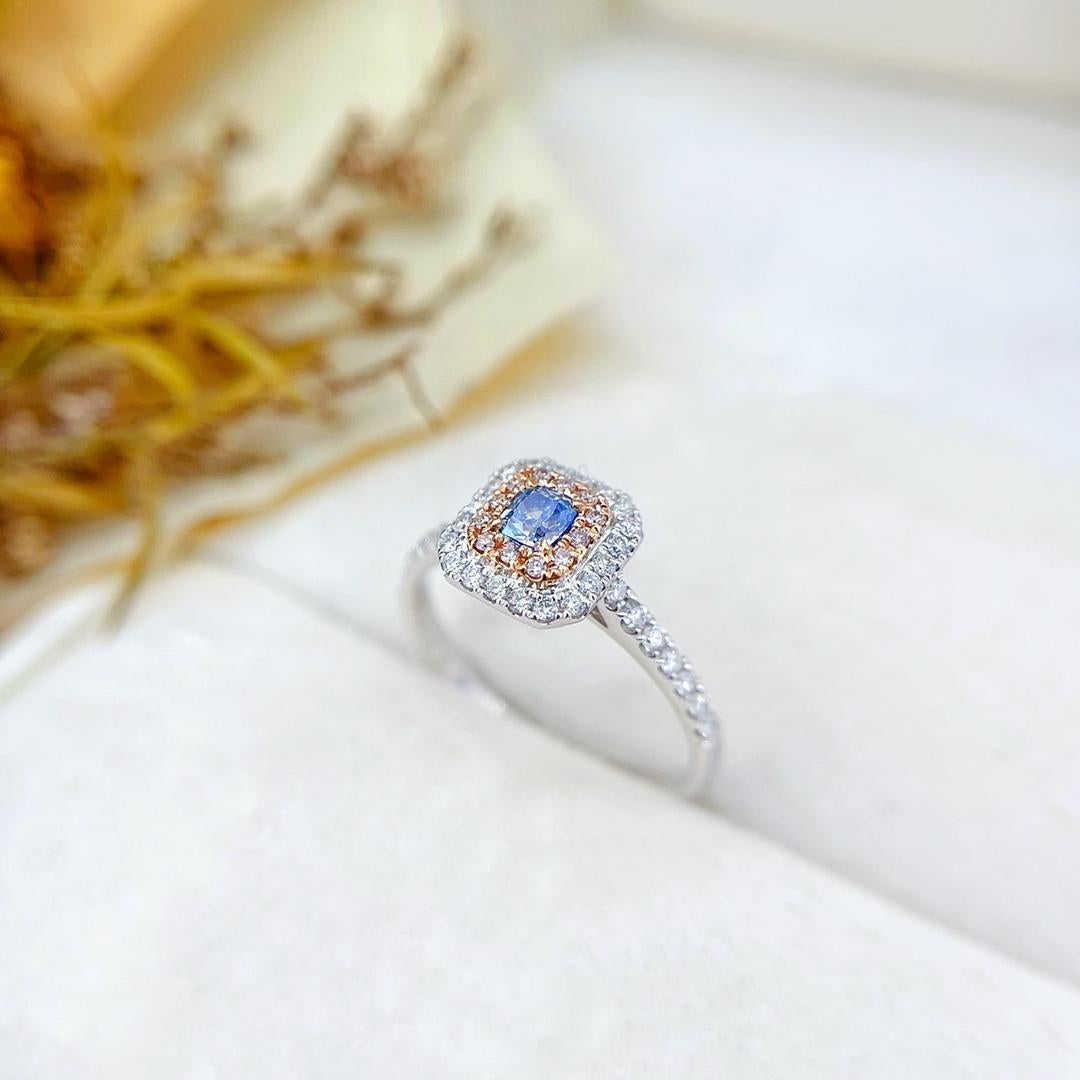 Cushion Cut 18K White Gold Blue Diamond Halo Ring with Natural Diamonds For Sale