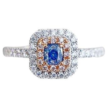 18K White Gold Blue Diamond Halo Ring with Natural Diamonds
