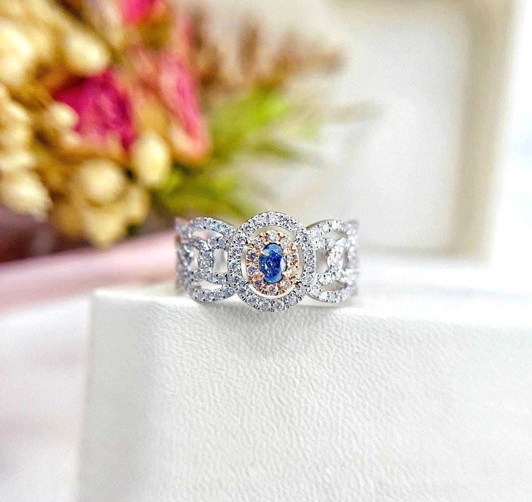 Cushion Cut 18K White Gold Blue Diamond Lace Ring with Diamonds For Sale