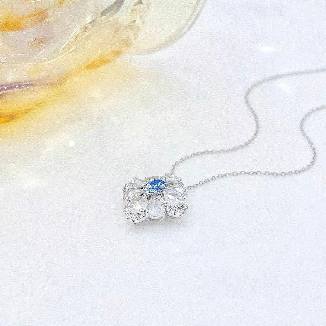 Women's or Men's 18K White Gold Blue Diamond & Rose-Cut Diamond Snowflake Necklace For Sale