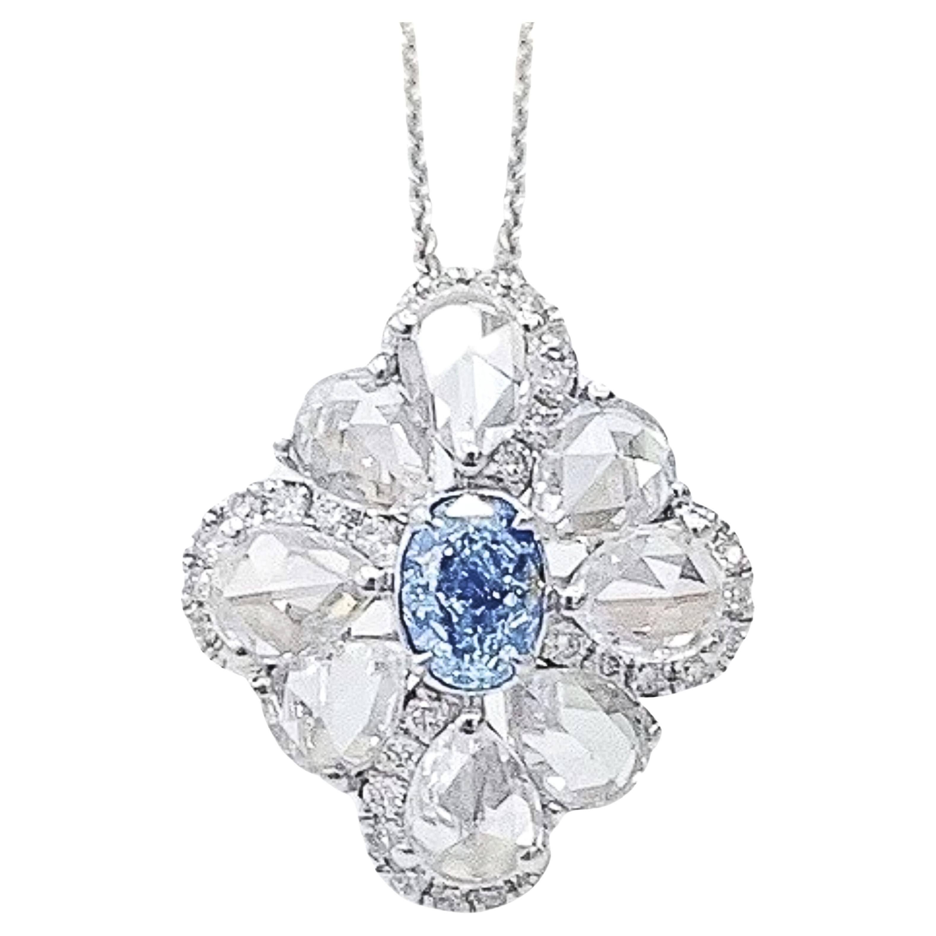 18K White Gold Blue Diamond & Rose-Cut Diamond Snowflake Necklace For Sale