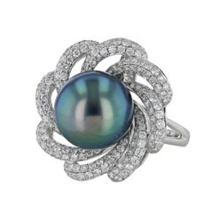 18K White Gold Blue Grey South Sea Pearl Diamond Floral Ring