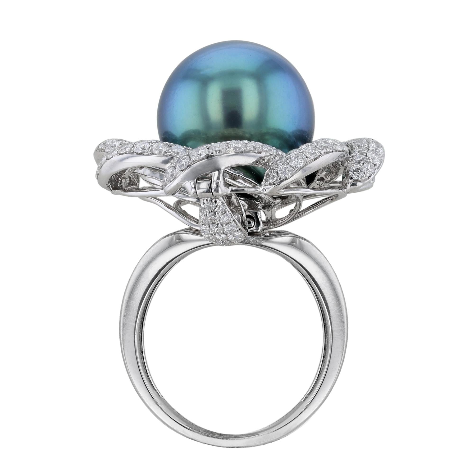 Contemporary 18K White Gold Blue Grey South Sea Pearl Diamond Floral Ring For Sale