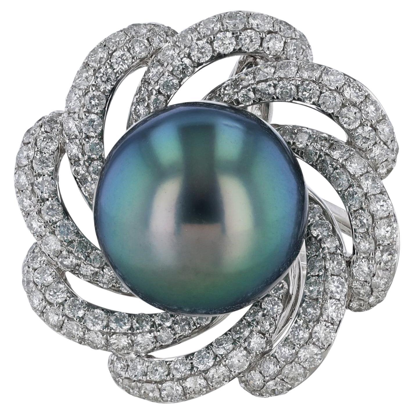 18K White Gold Blue Grey South Sea Pearl Diamond Floral Ring For Sale