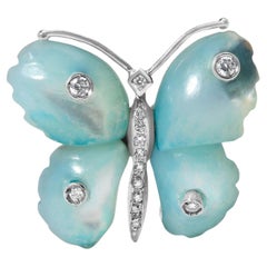 18K White Gold Blue Mother of Pearl and Diamond Accent Butterfly Pin Brooch