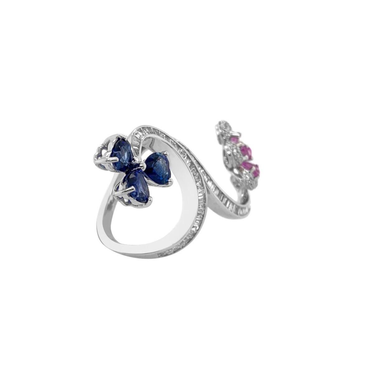 Women's 18 Karat White Gold Blue/Pink Sapphire and Diamond Ring For Sale