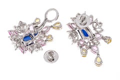 18K White Gold Blue, Pink, Yellow and White Sapphire Cluster Earrings