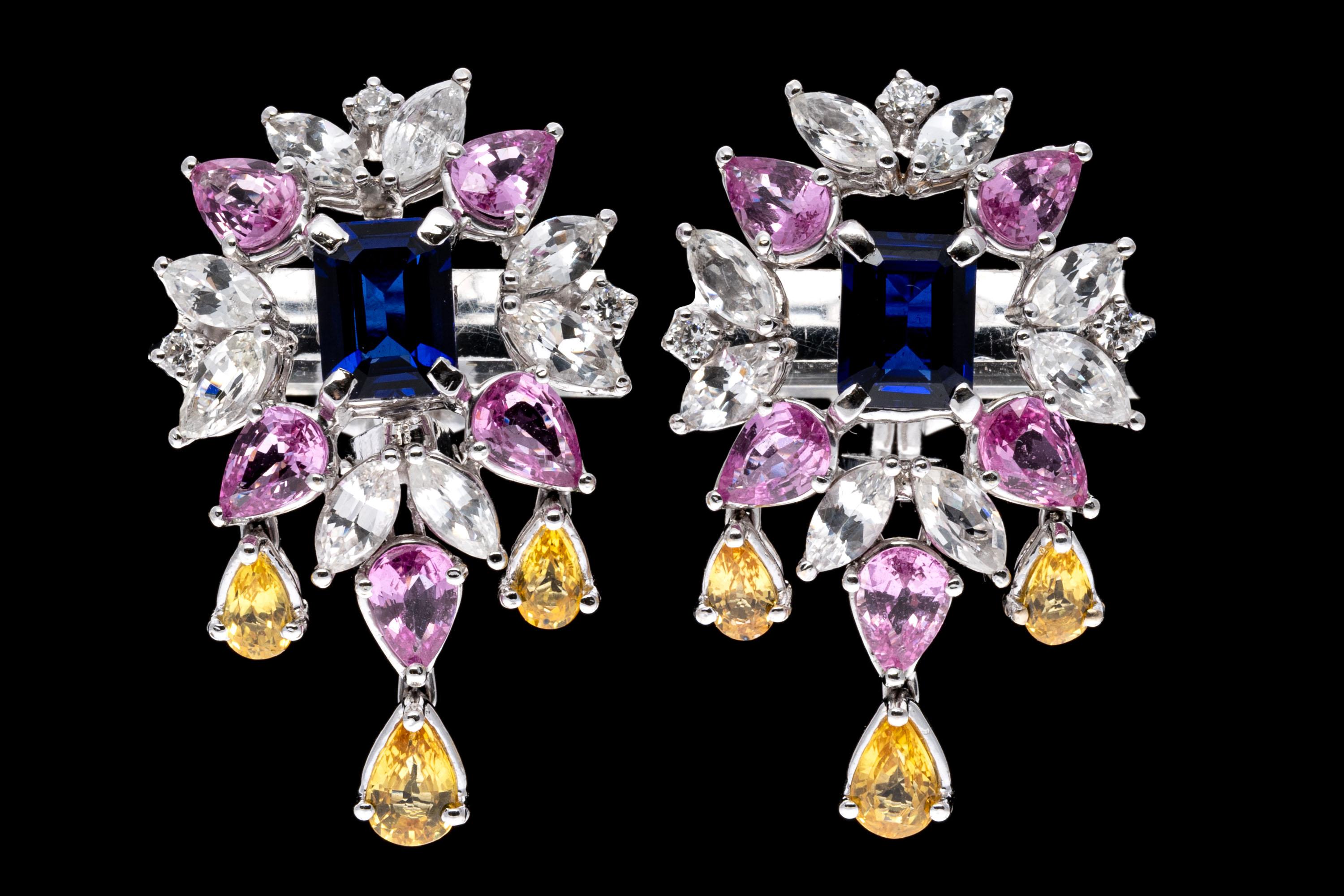 Contemporary 18K White Gold Blue, Pink, Yellow and White Sapphire Cluster Earrings For Sale