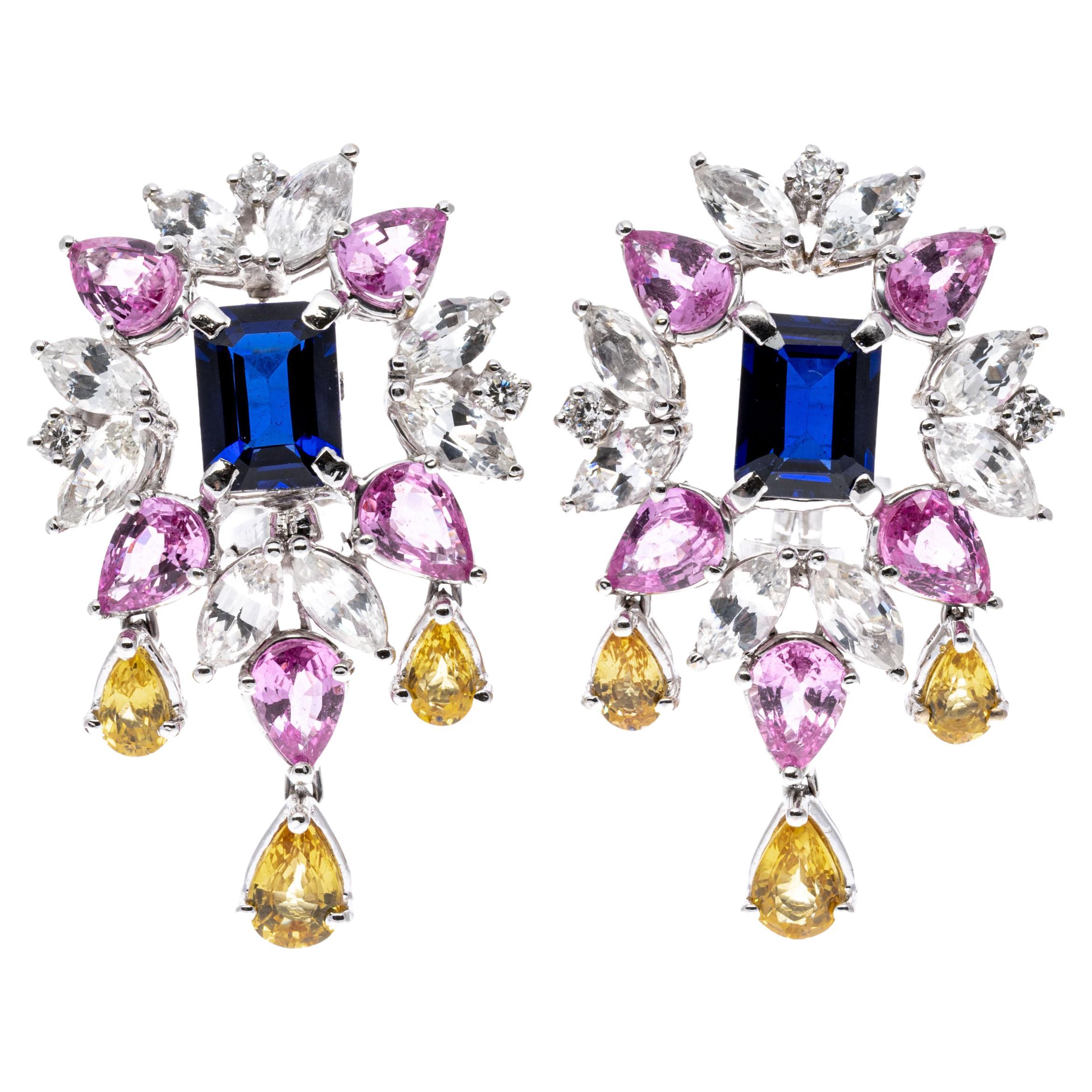 Boucles d'oreilles en or blanc 18 carats avec grappe de saphirs bleus, roses, jaunes et blancs