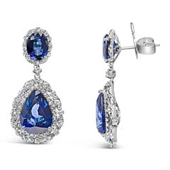 18K White Gold Blue Sapphire 2 3/4 Carat Diamond Halo Drop Dangle Earring