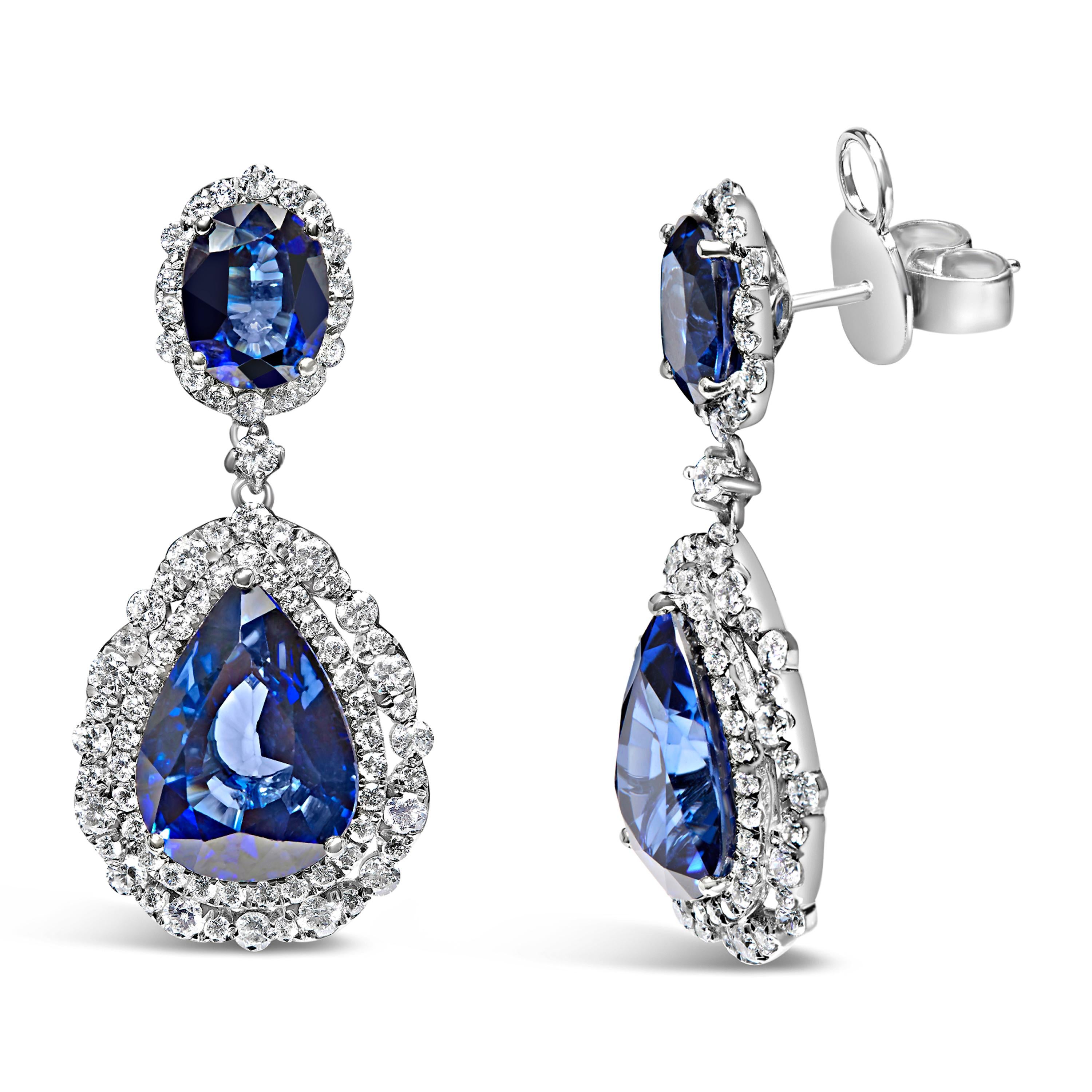 Modern 18K White Gold Blue Sapphire 2 3/4 Carat Diamond Halo Drop Dangle Earring For Sale