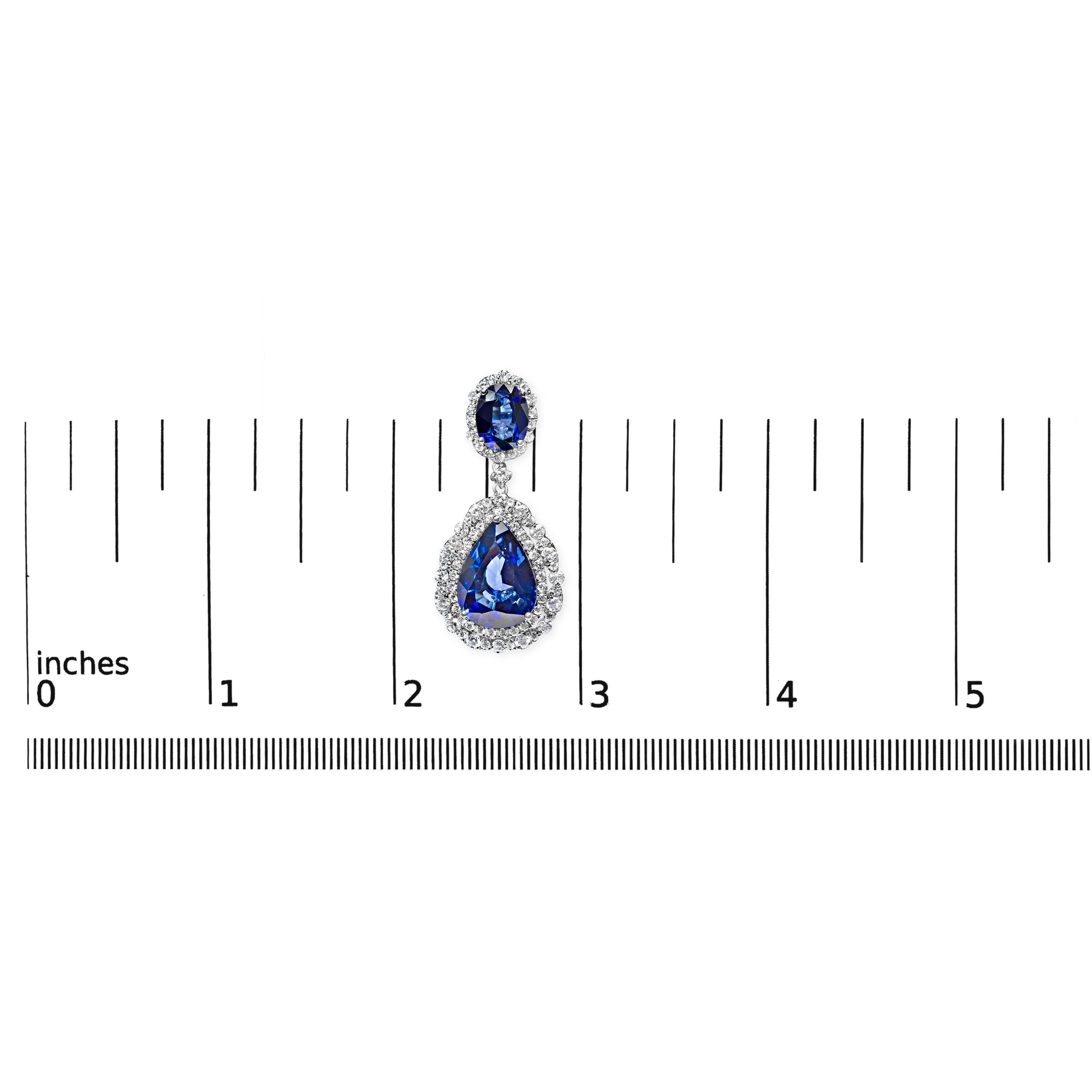 18K White Gold Blue Sapphire 2 3/4 Carat Diamond Halo Drop Dangle Earring In New Condition For Sale In New York, NY
