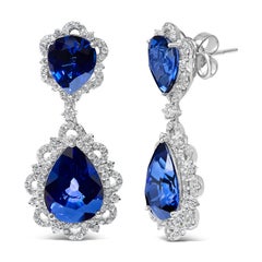 18K White Gold Blue Sapphire & 2.0 Carat Diamond Halo Drop and Dangle Earring