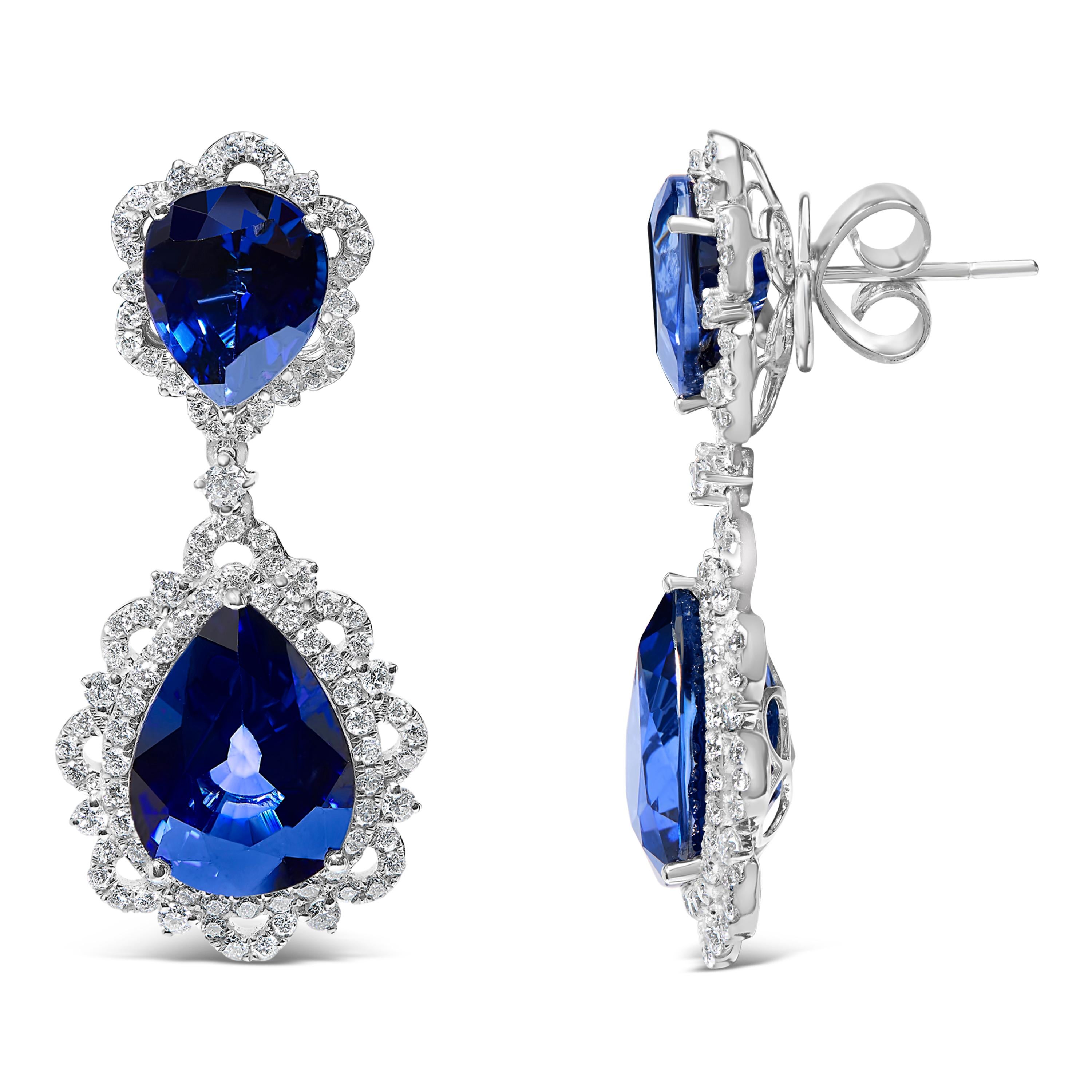 Modern 18K White Gold Blue Sapphire & 2.0 Carat Diamond Halo Drop and Dangle Earring For Sale