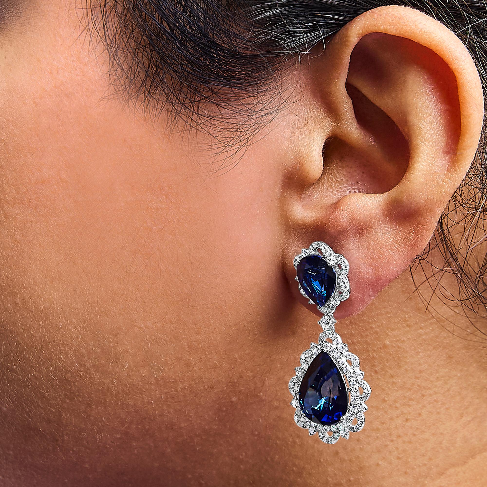 Pear Cut 18K White Gold Blue Sapphire & 2.0 Carat Diamond Halo Drop and Dangle Earring For Sale
