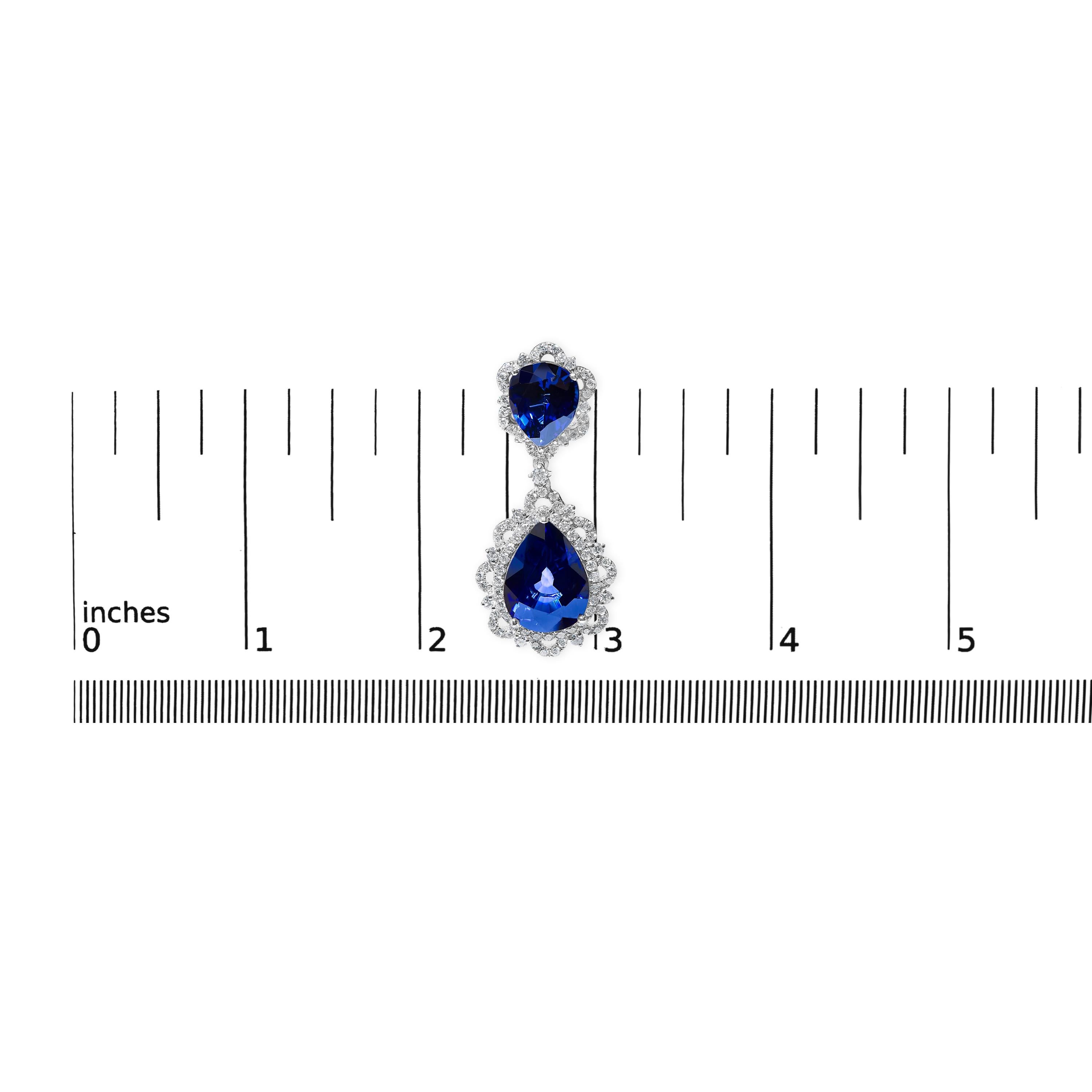 18K White Gold Blue Sapphire & 2.0 Carat Diamond Halo Drop and Dangle Earring In New Condition For Sale In New York, NY