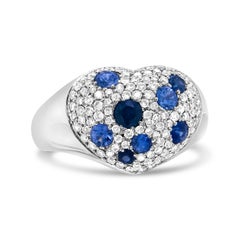 18K White Gold Blue Sapphire and 5/8 Carat Diamond Cluster Heart Shaped Ring