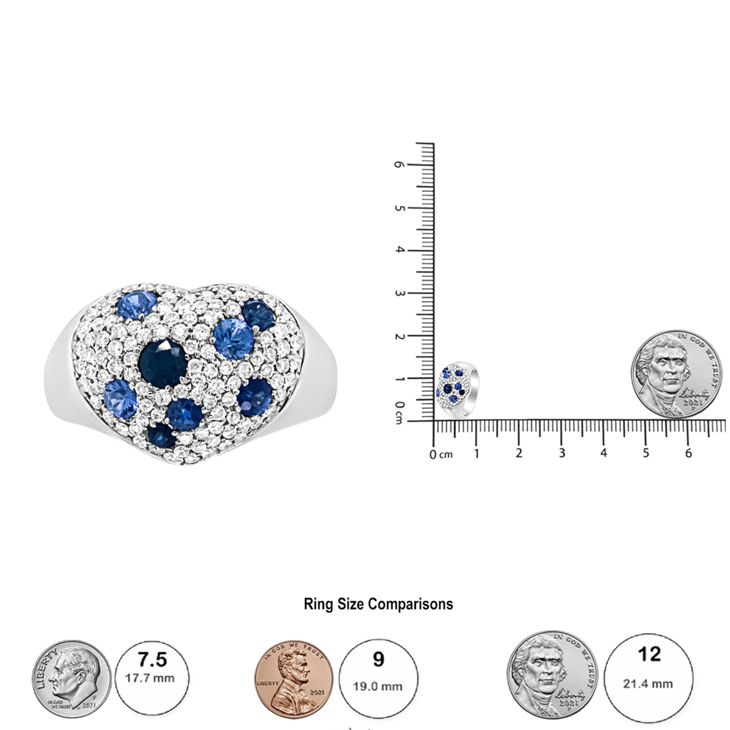Contemporary 18K White Gold Blue Sapphire and 5/8 Carat Diamond Cluster Heart Shaped Ring For Sale