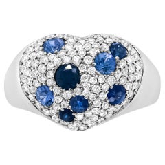 18K White Gold Blue Sapphire and 5/8 Carat Diamond Cluster Heart Shaped Ring