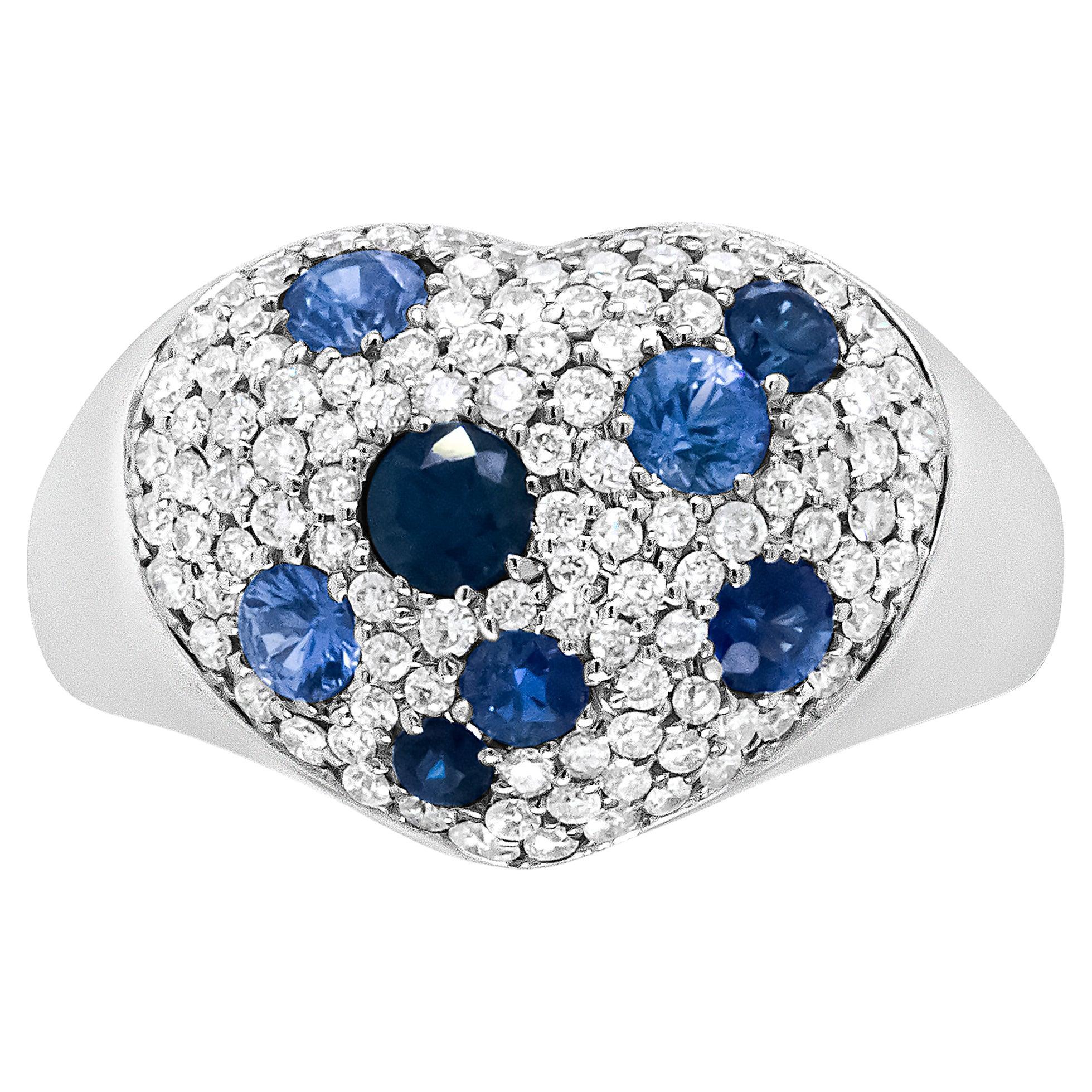 18K White Gold Blue Sapphire and 5/8 Carat Diamond Cluster Heart Shaped Ring