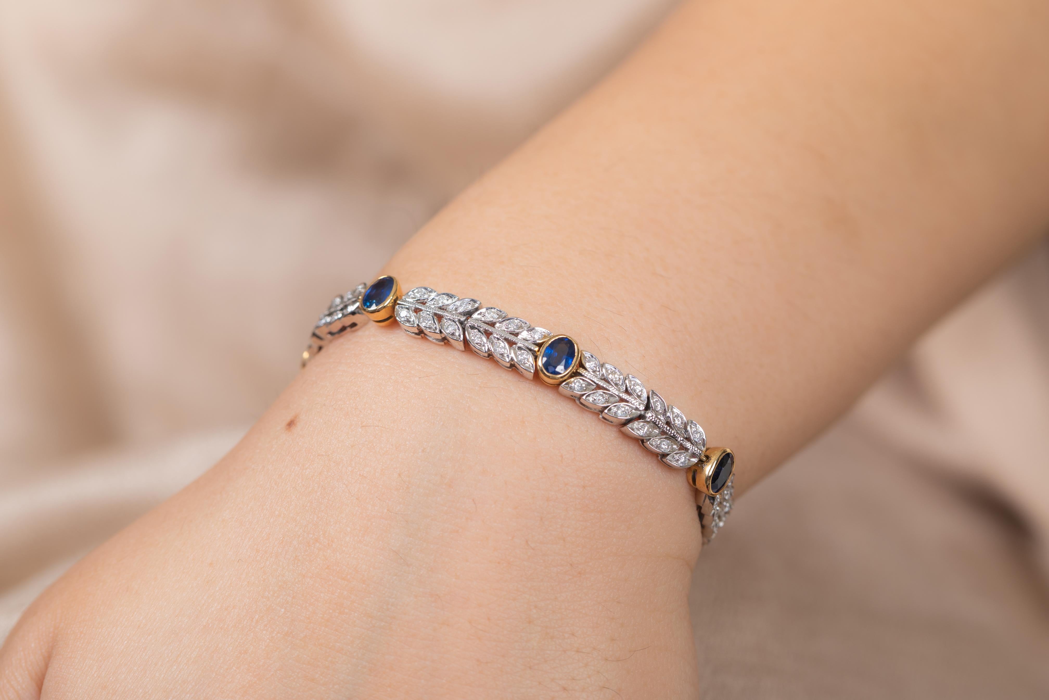 Oval Cut 18K White Gold Blue Sapphire and Diamond Bracelet For Sale