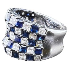 18k White Gold Blue Sapphire and Diamond Checkerboard Ring