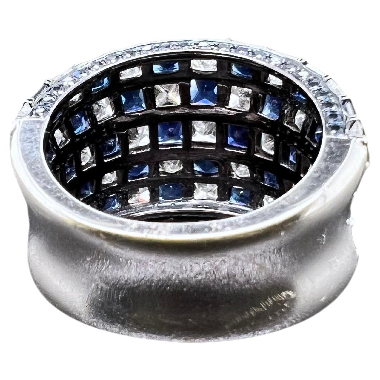 Contemporary 18k White Gold Blue Sapphire and Diamond Checkerboard Ring For Sale